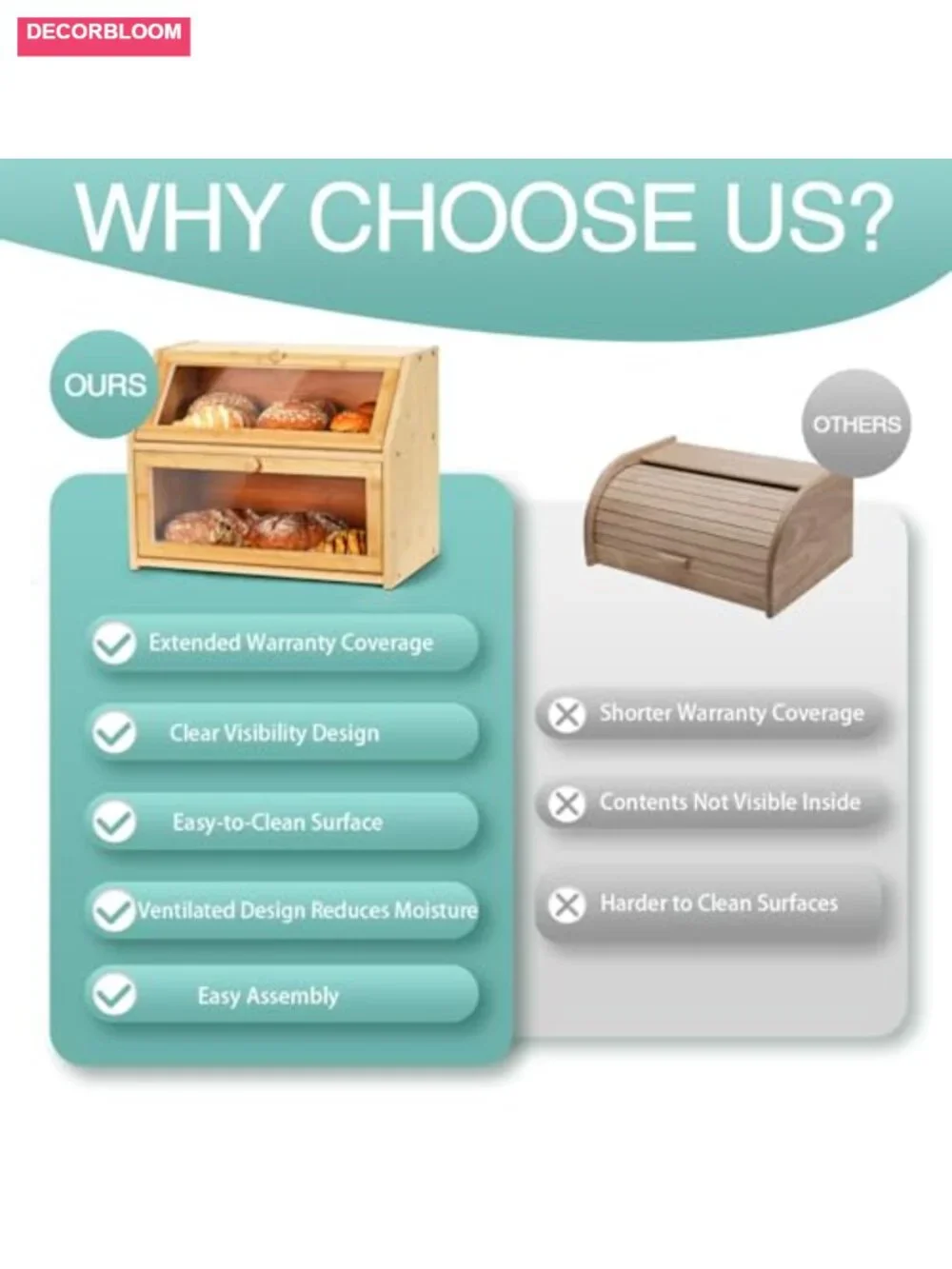 Large Double Layer Bamboo Bread Box with Clear Door, Includes Bags & Labels